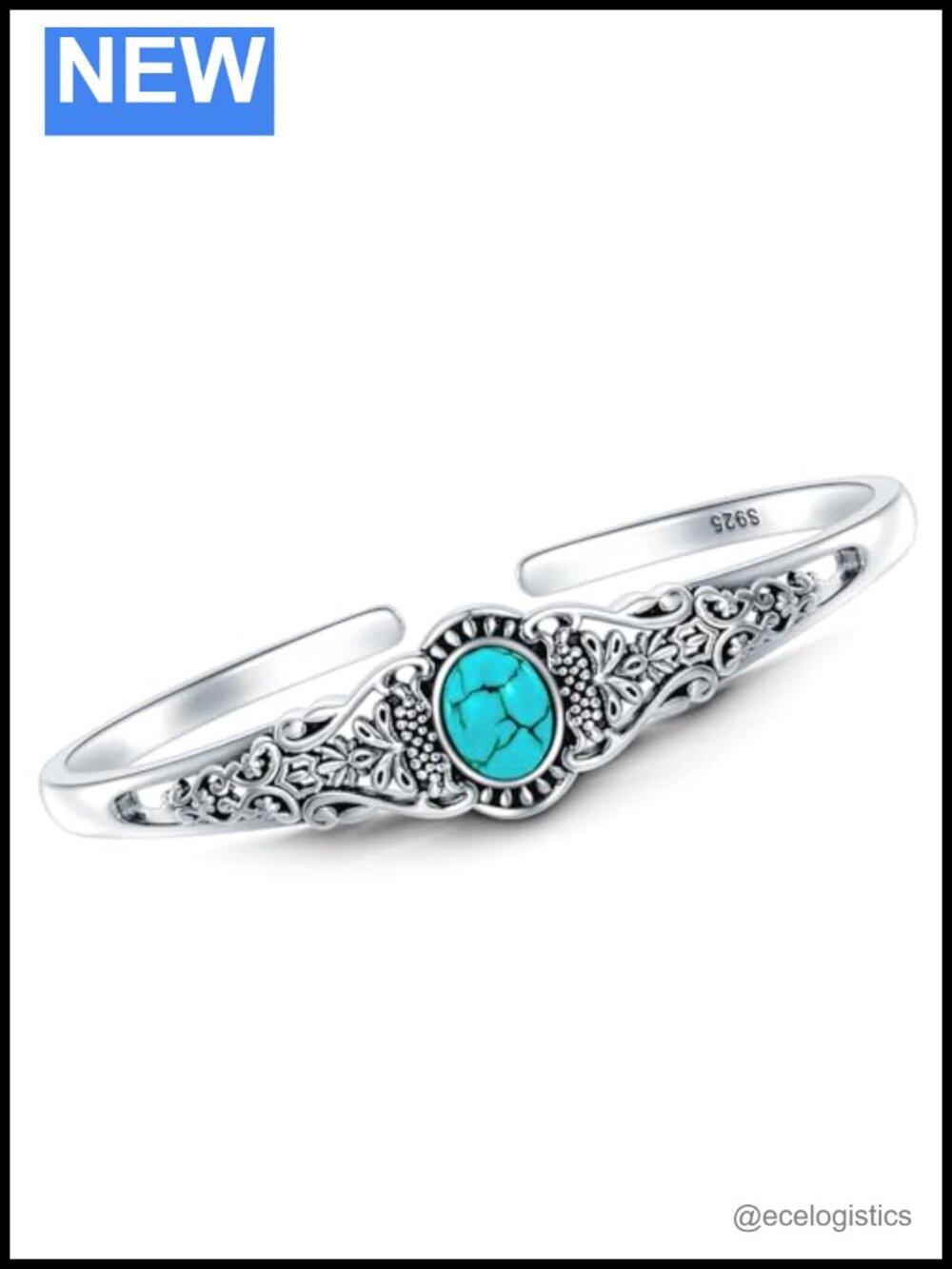 Sterling Silver Turquoise Bangle Cuff Bracelet Adjustable Boho Vintage
